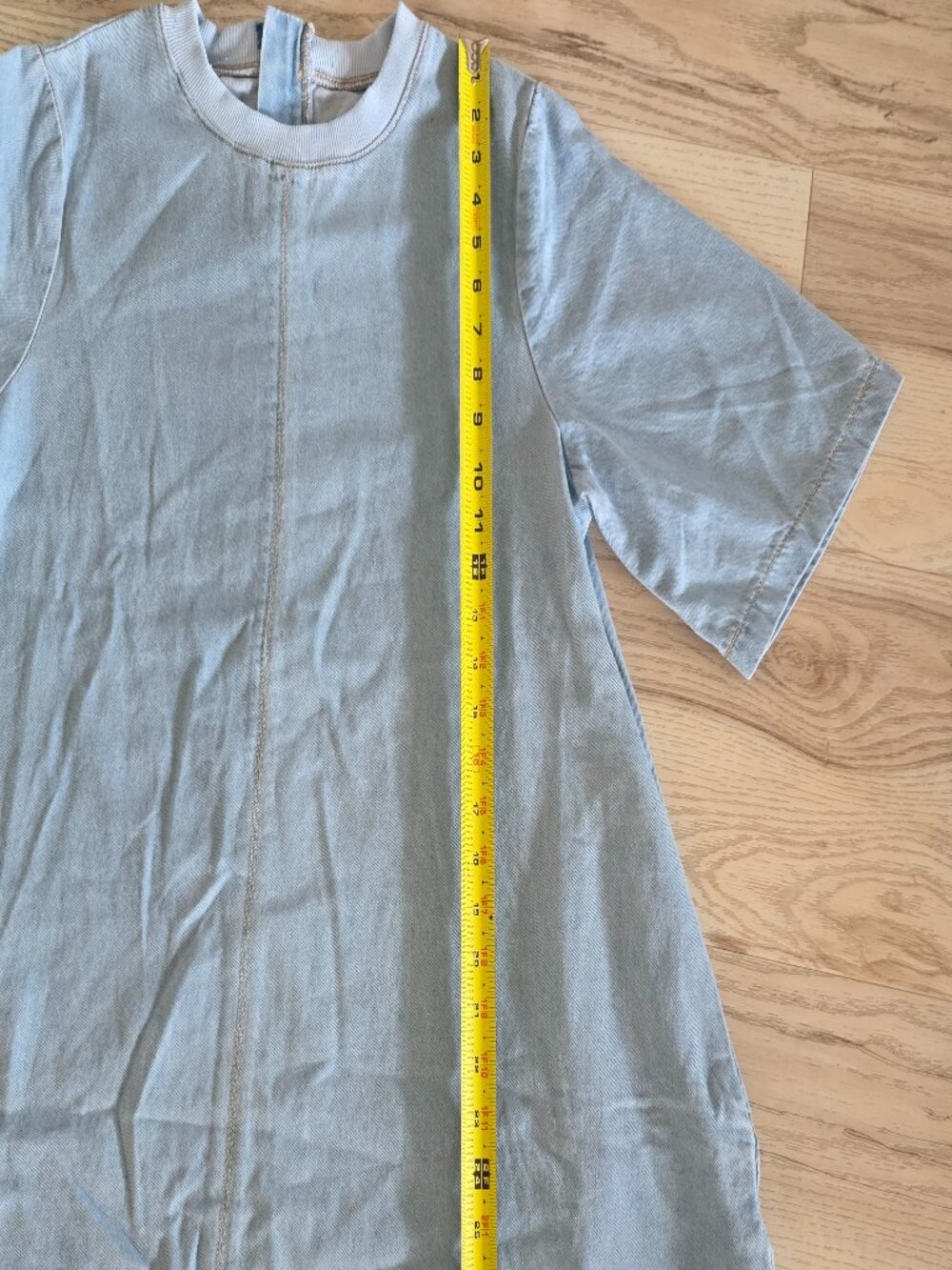 Light Wash Denim Swing Mini Dress with Contrast Stitching Medium - Picture 5 of 8